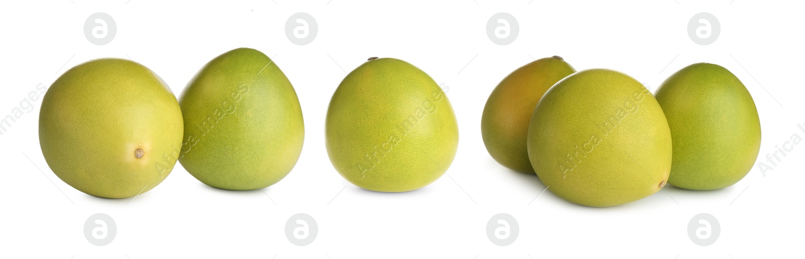 Image of Set of fresh exotic pomelo fruits on white background. Banner design