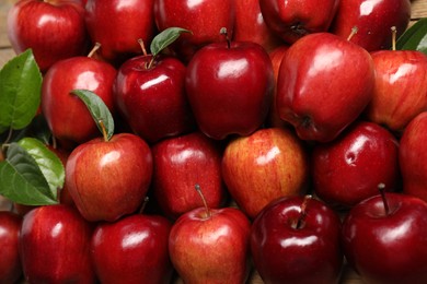 Photo of Fresh ripe red apples with leaves as background, top view