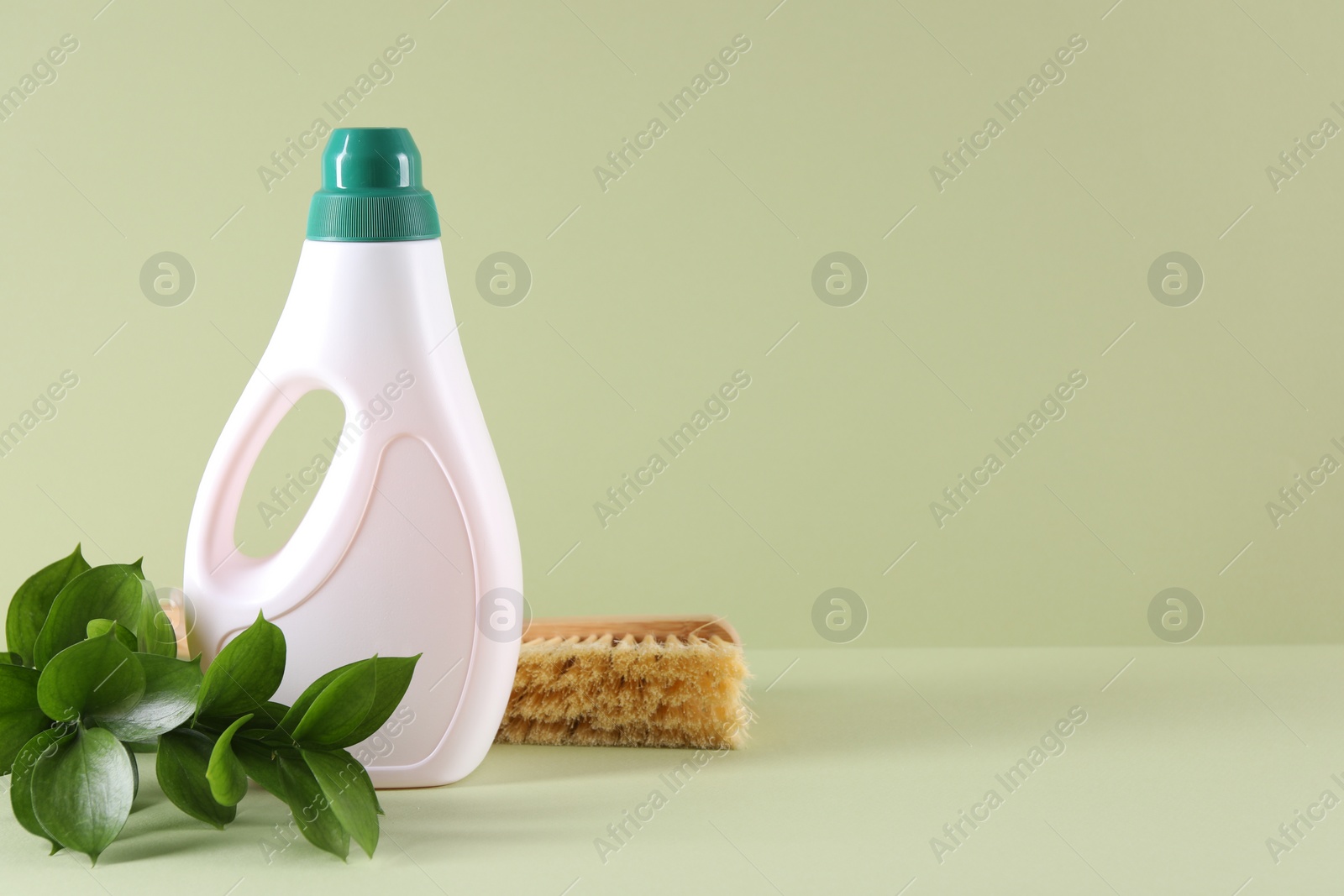 Photo of Bottle of cleaning product, brush and floral decor on light green background. Space for text