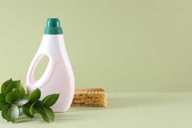 Bottle of cleaning product, brush and floral decor on light green background. Space for text