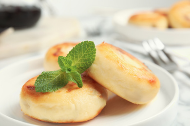 Delicious cottage cheese pancakes with mint on plate, closeup