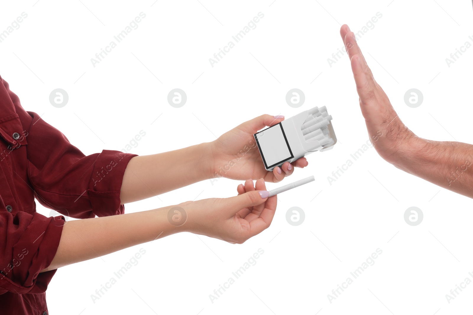 Photo of Stop smoking concept. Man refusing cigarettes on white background, closeup