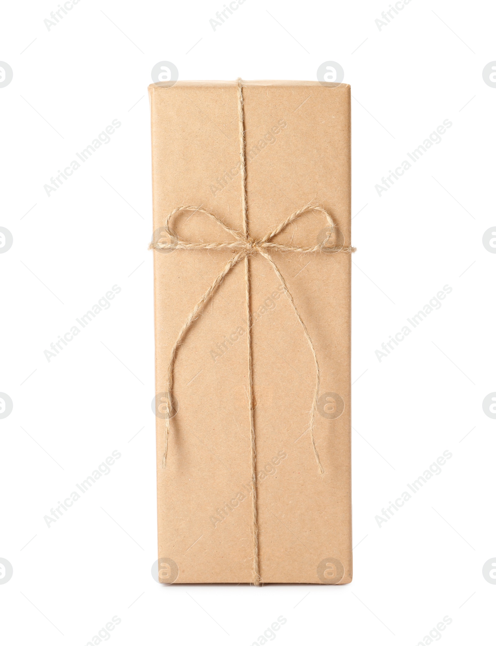 Photo of Parcel wrapped with kraft paper and twine isolated on white