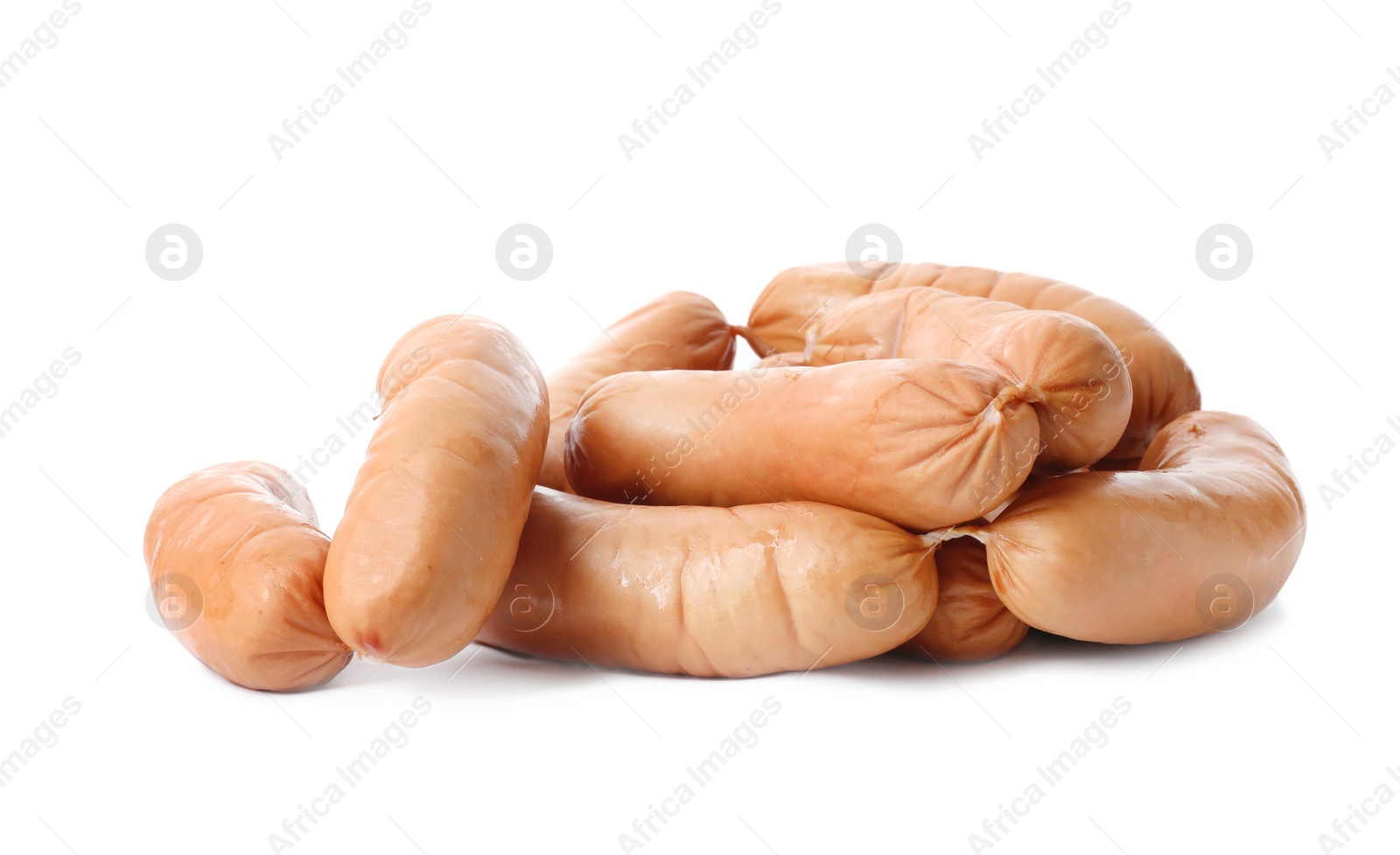 Photo of Tasty sausages on white background. Meat product