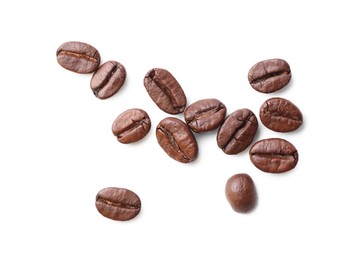 Many roasted coffee beans isolated on white, top view