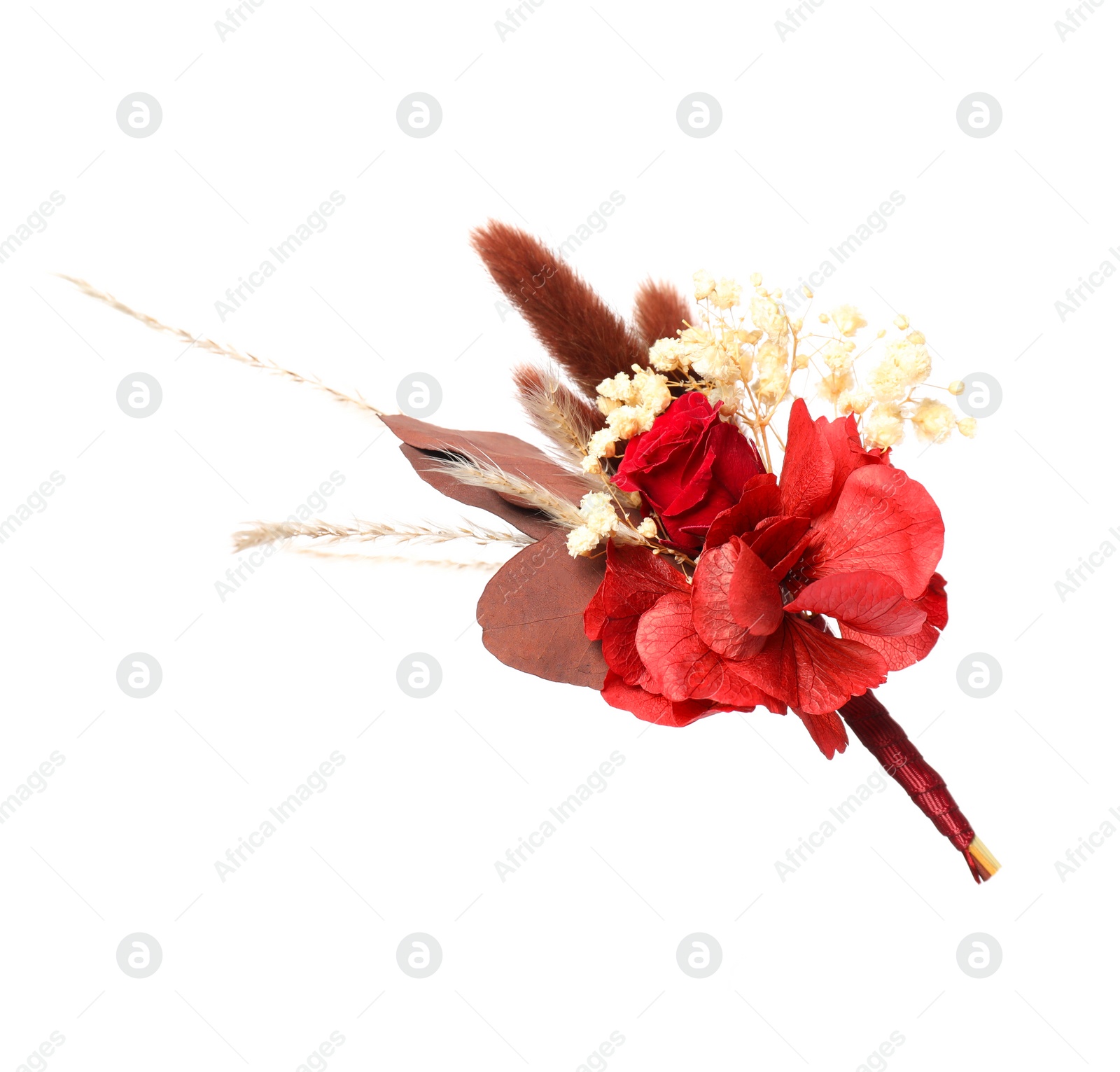 Photo of Beautiful boutonniere with red rose isolated on white