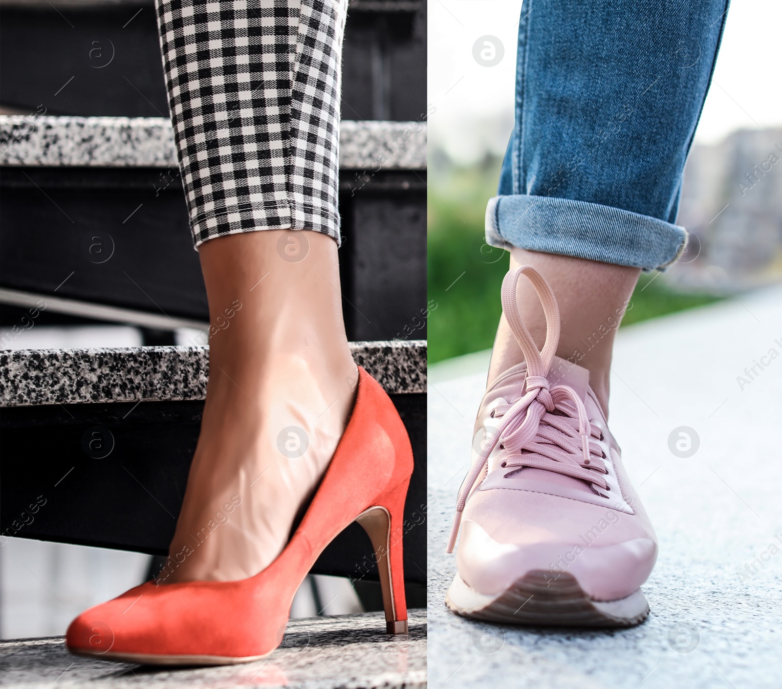 Image of Woman in different shoes, closeup. Concept of balance between work and life 