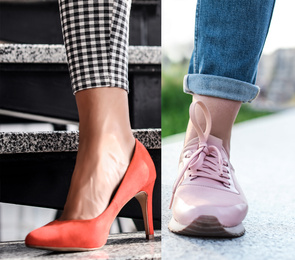 Image of Woman in different shoes, closeup. Concept of balance between work and life 