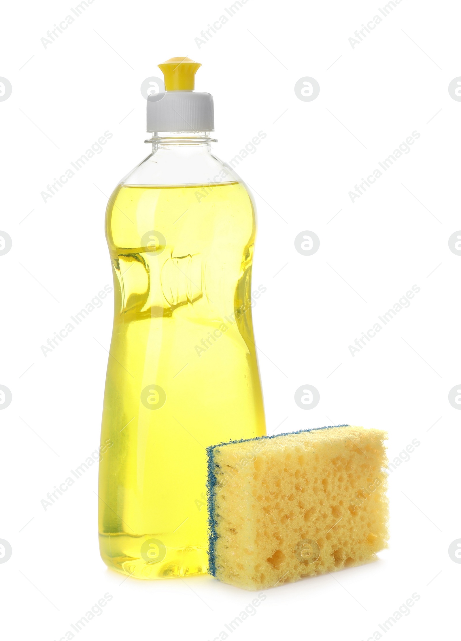 Photo of Bottle of detergent and cleaning sponge on white background