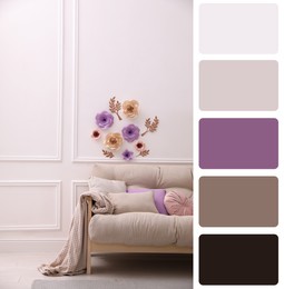 Image of Color palette and photo of stylish living room interior with floral decor. Collage