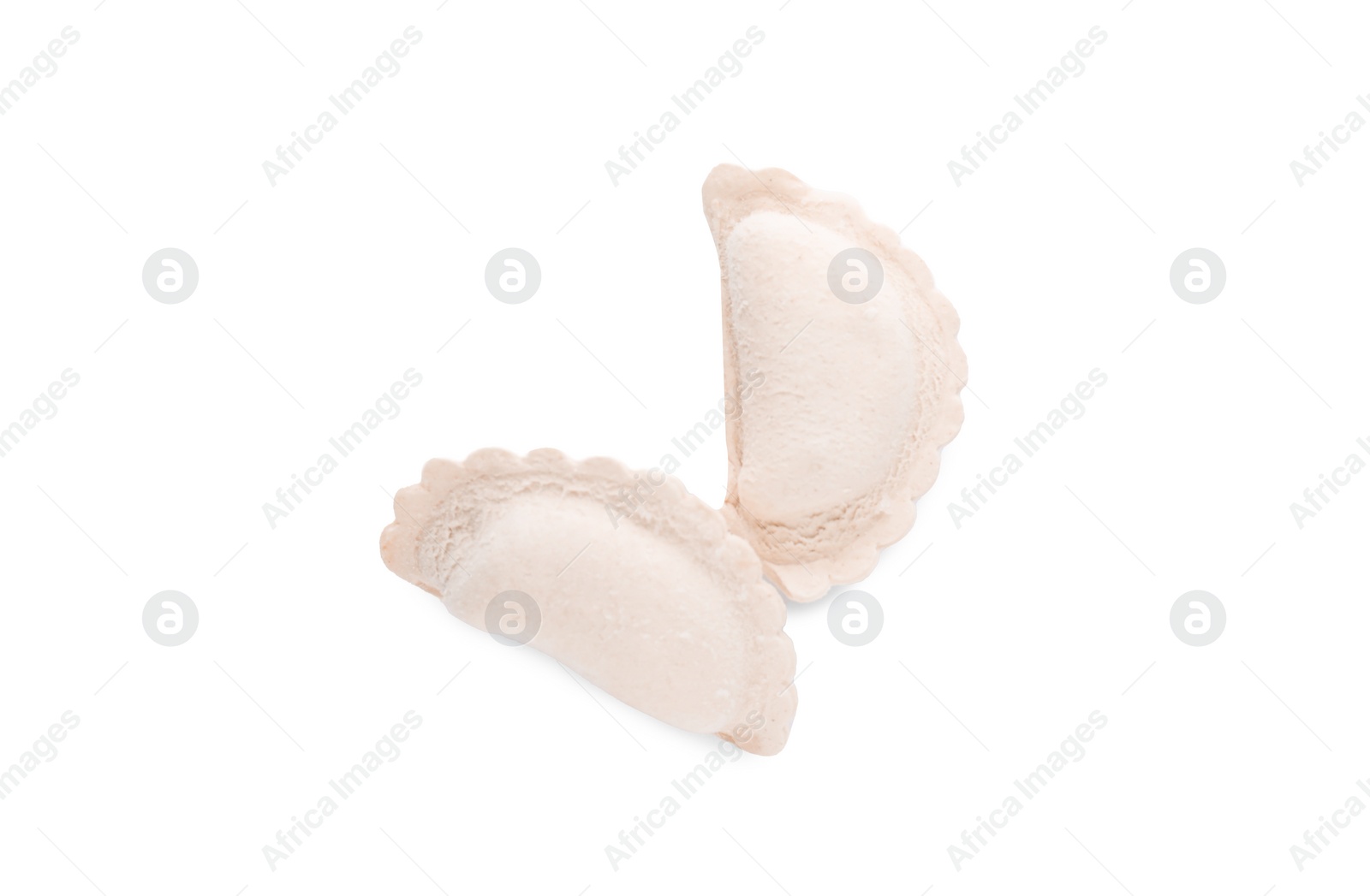 Photo of Raw dumplings (varenyky) on white background, top view