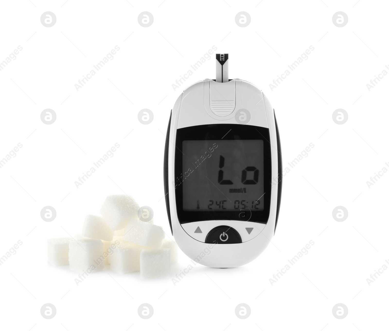 Photo of Digital glucometer and sugar cubes on white background. Diabetes concept