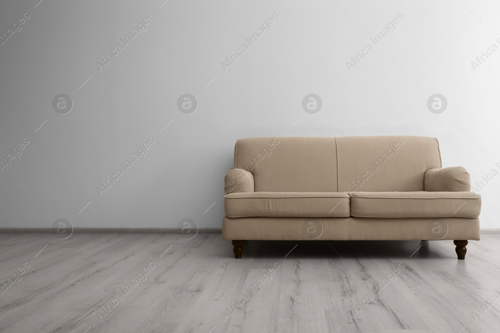 Photo of Room interior with comfortable sofa near white wall. Space for text