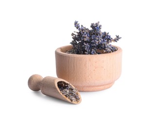 Photo of Wooden bowl and scoop with dry lavender isolated on white