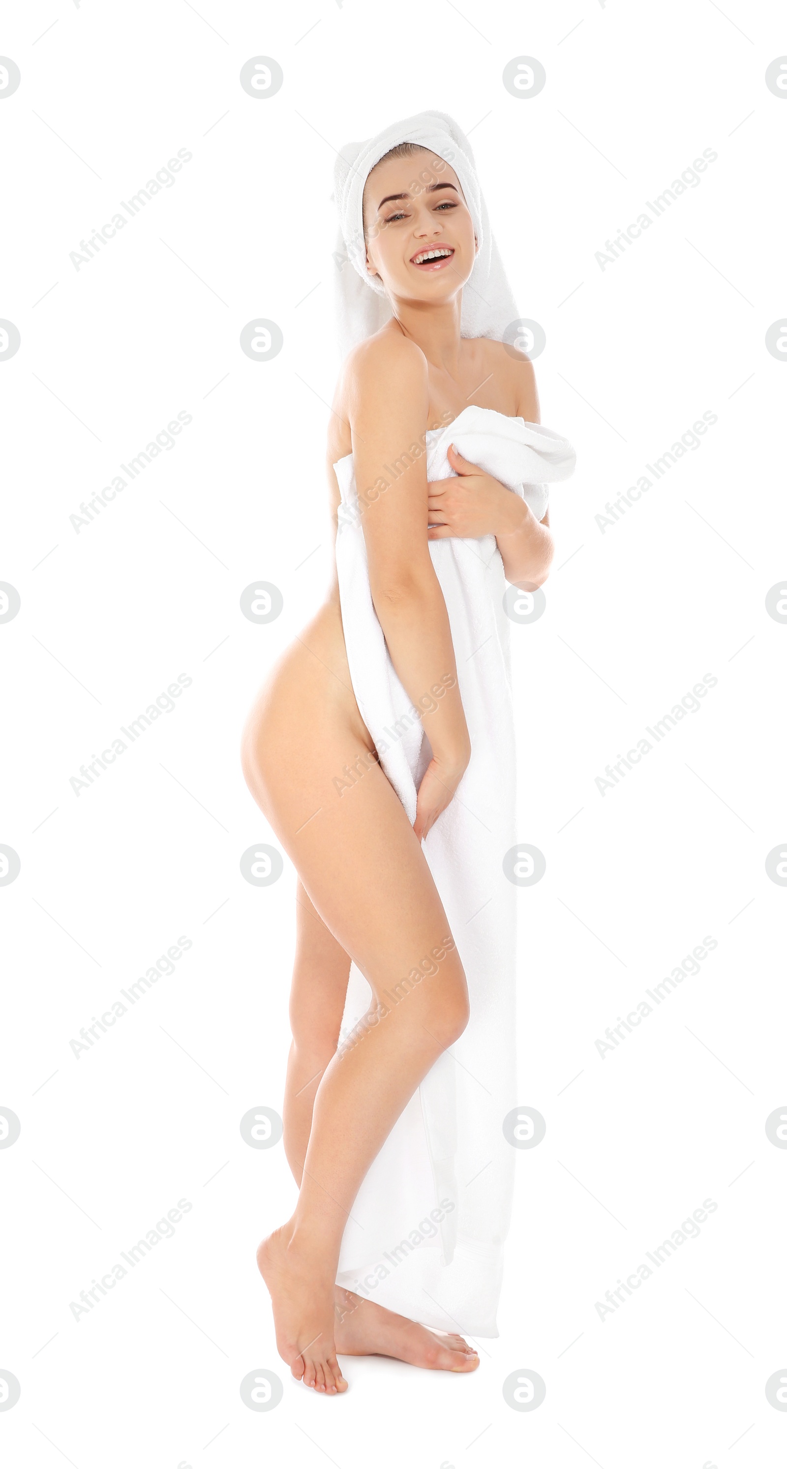 Photo of Full length portrait of young pretty woman with towels on white background