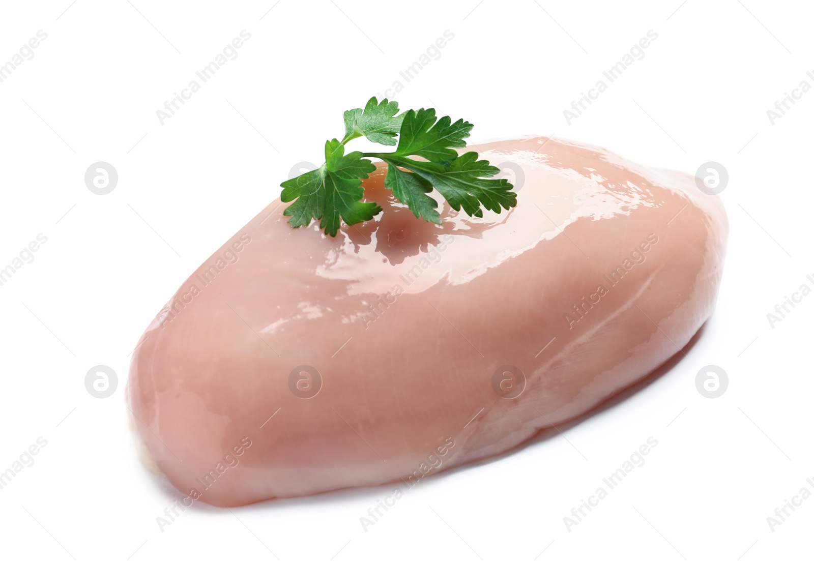 Photo of Raw chicken breast with parsley on white background