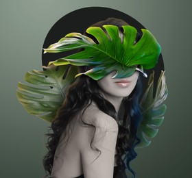 Young woman with green tropical leaves on color background. Stylish collage design