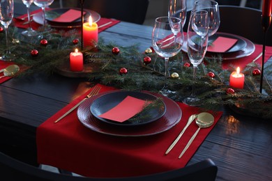 Photo of Elegant Christmas table setting with blank place cards and festive decor