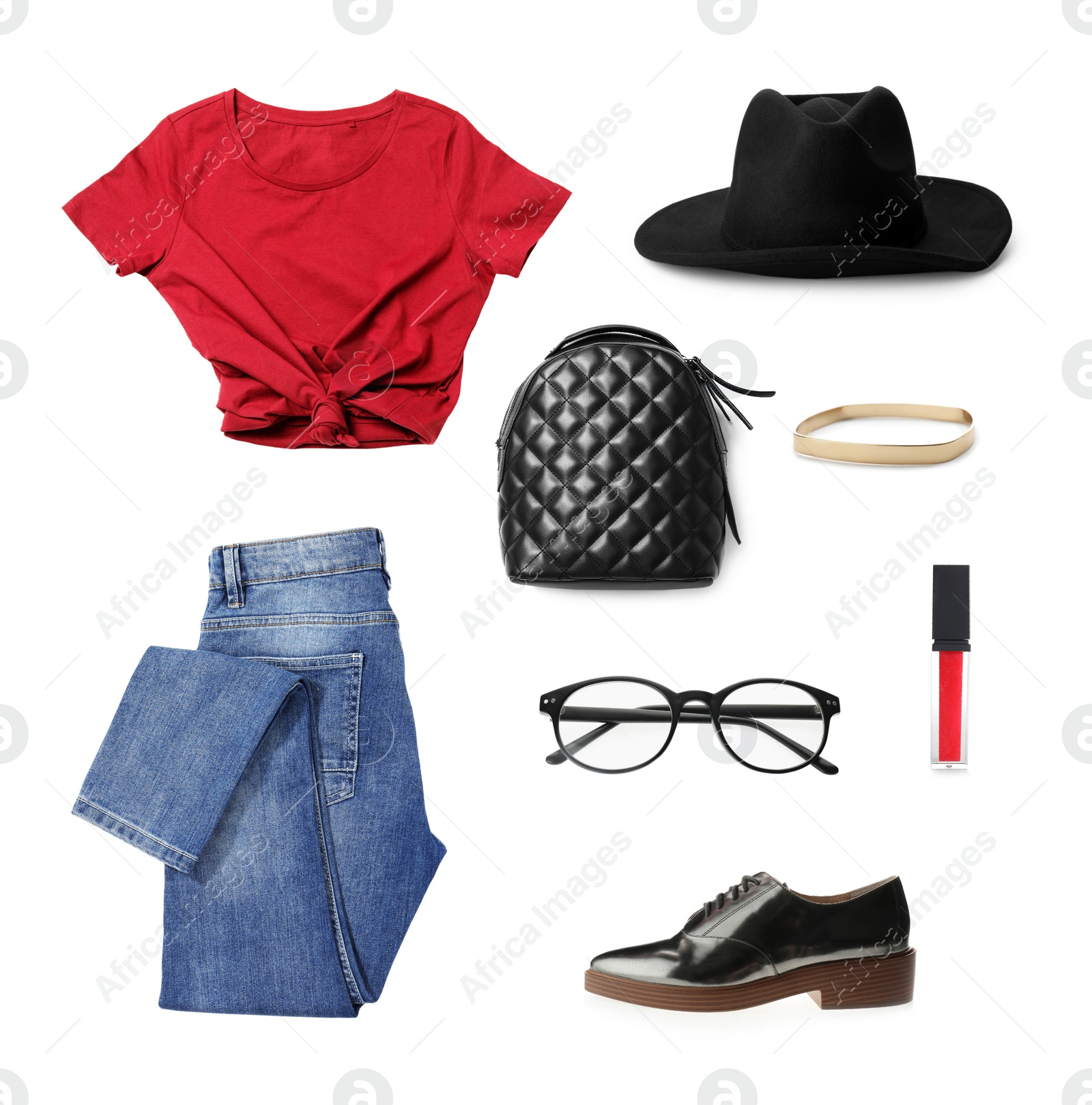 Image of Set of stylish female clothes and accessories on white background