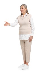 Photo of Senior woman greeting someone on white background