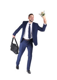 Photo of Businessman with briefcase and flowers running on white background. Combining life and work