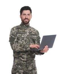 Happy soldier using laptop on white background. Military service