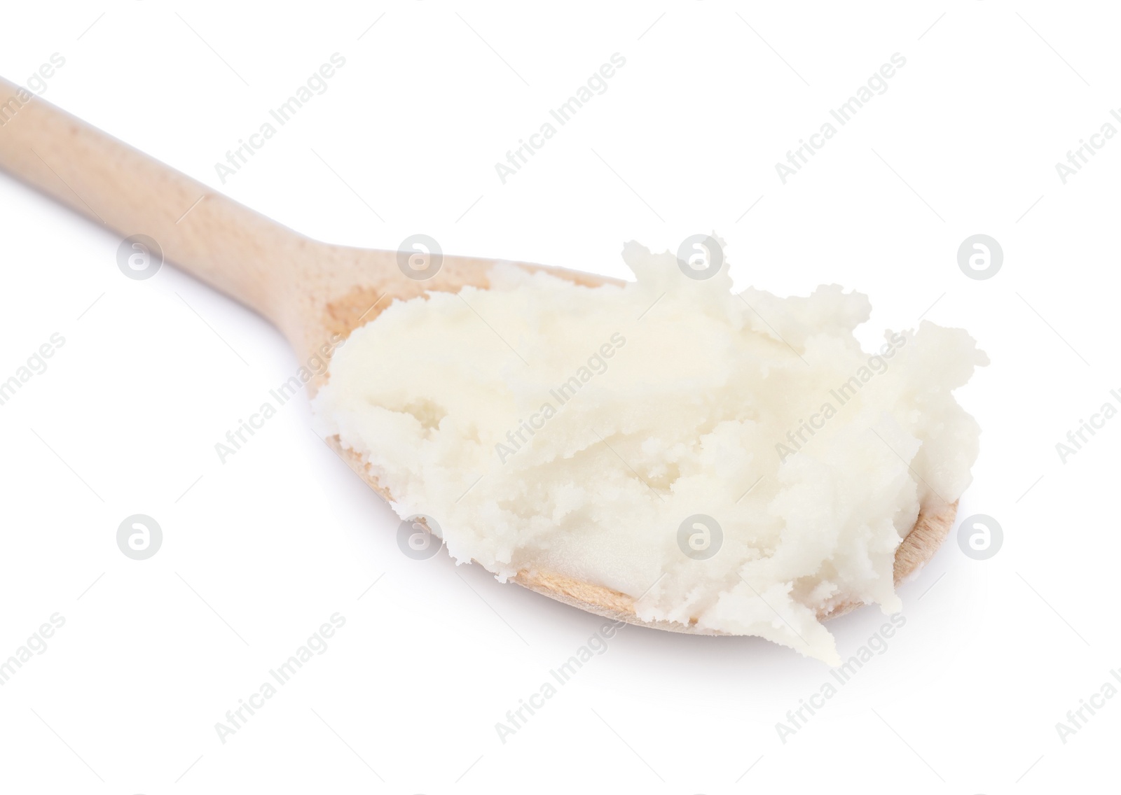 Photo of Wooden spoon with delicious pork lard isolated on white