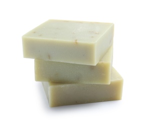 Hand made soap bars on white background