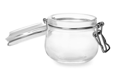 Photo of Empty glass jar on white background