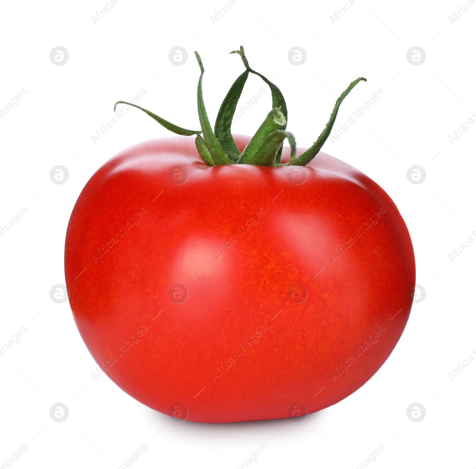 Photo of Tasty ripe tomato with leaves isolated on white