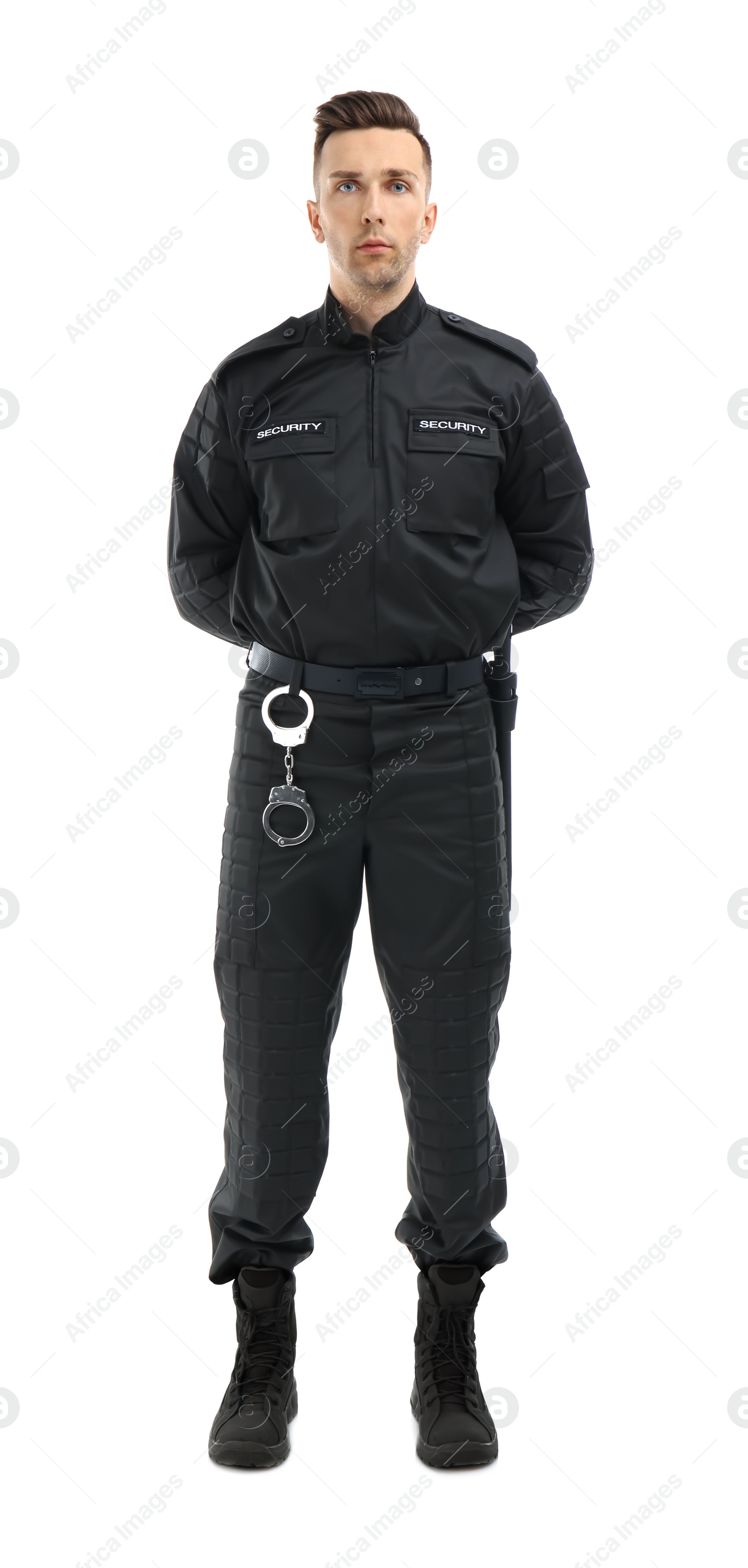 Photo of Male security guard in uniform on white background