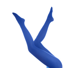 Woman wearing blue tights on white background, closeup of legs