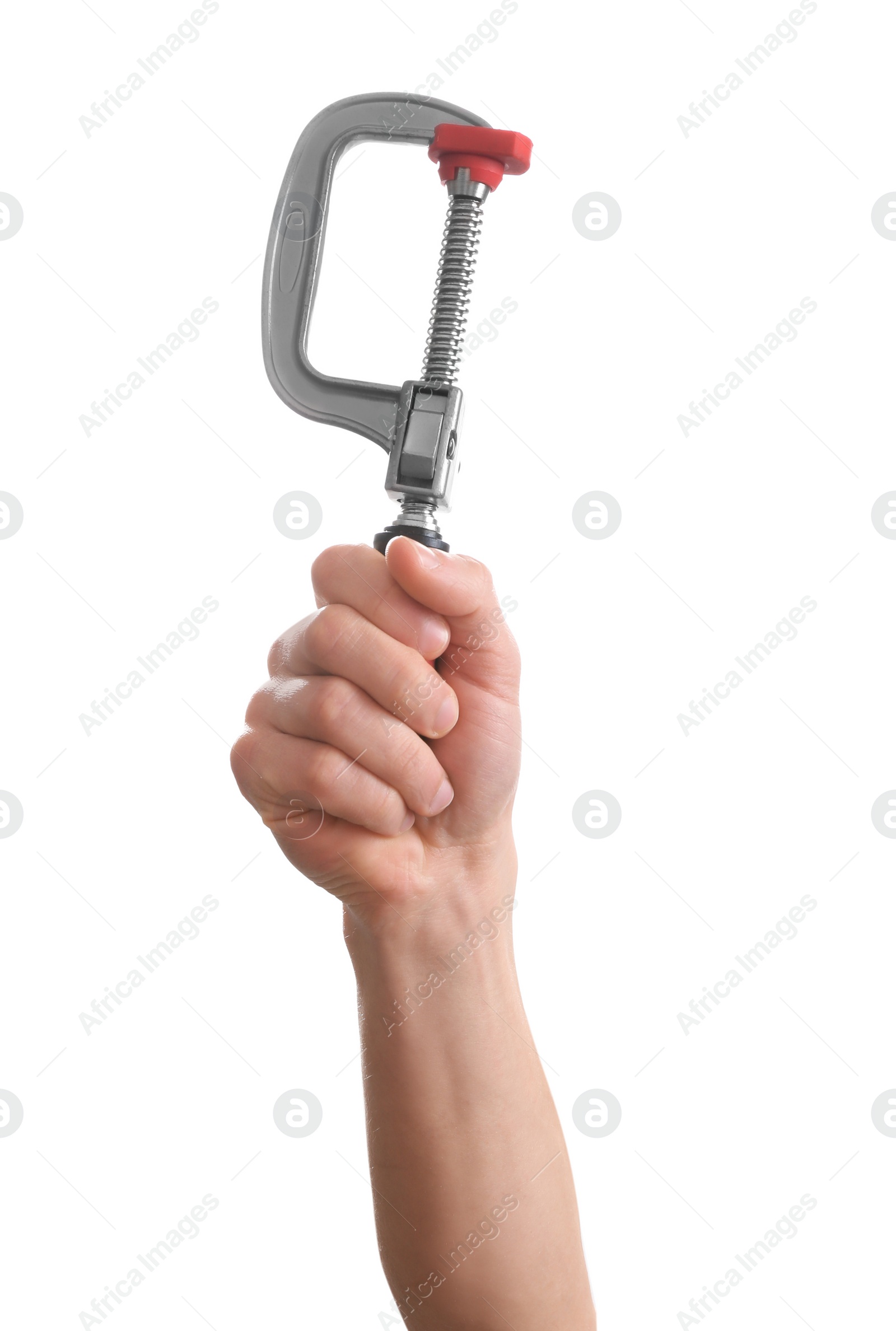 Photo of Man holding clamp isolated on white. Construction tools