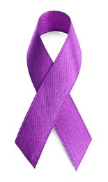 Purple ribbon isolated on white, top view. World Cancer Day