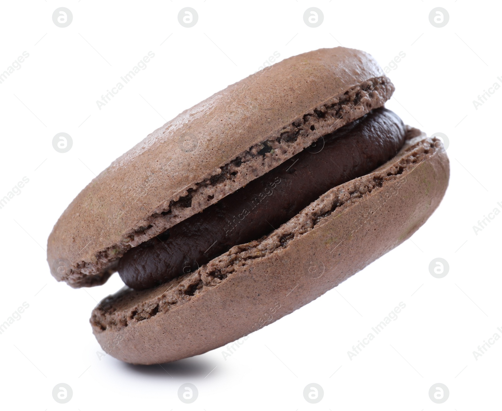 Photo of Chocolate macaron isolated on white. Delicious dessert