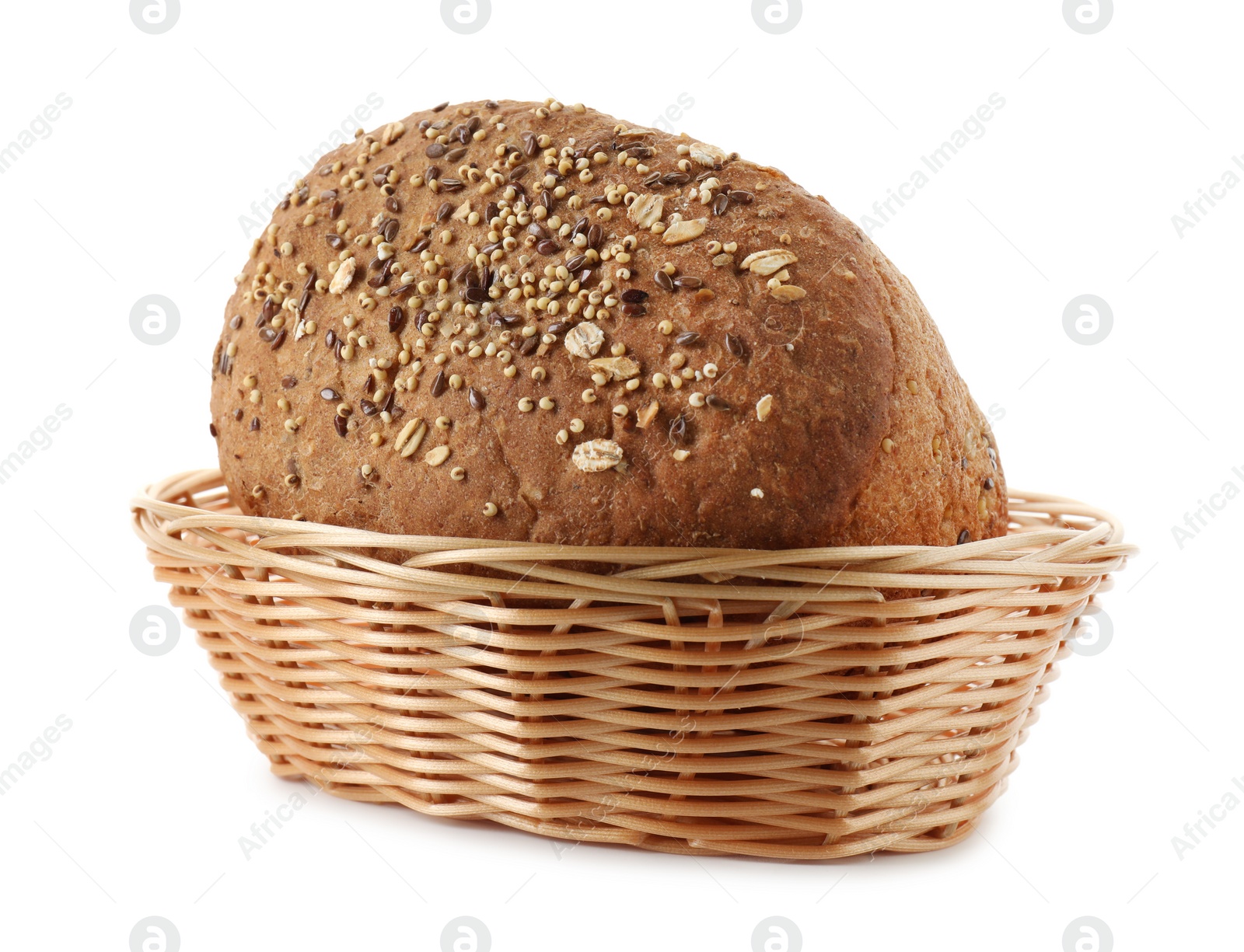 Photo of Wicker basket with fresh bread isolated on white