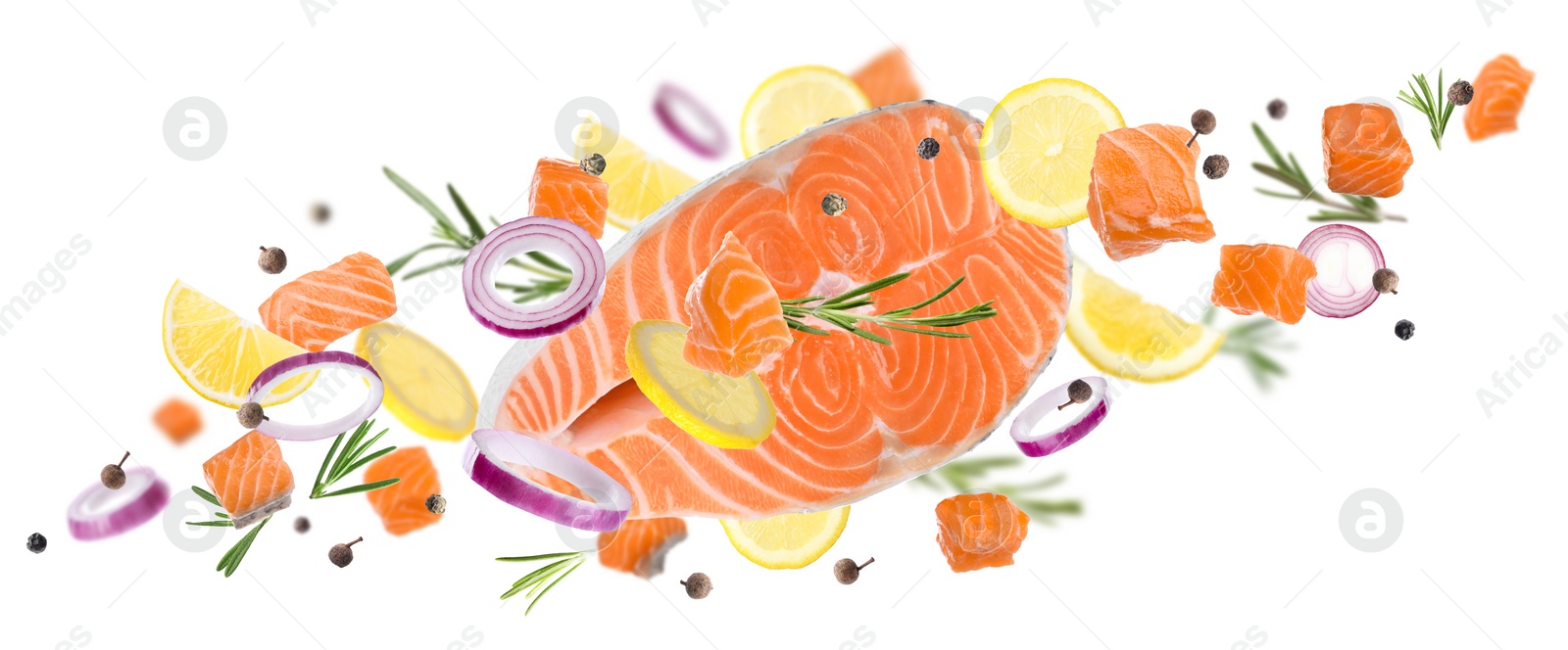 Image of Delicious fresh raw salmon and different spices on white background. Banner design 
