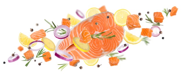 Image of Delicious fresh raw salmon and different spices on white background. Banner design 