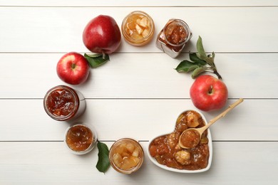 Photo of Frame of apple jam and fresh fruits on white wooden table, flat lay. Space for text