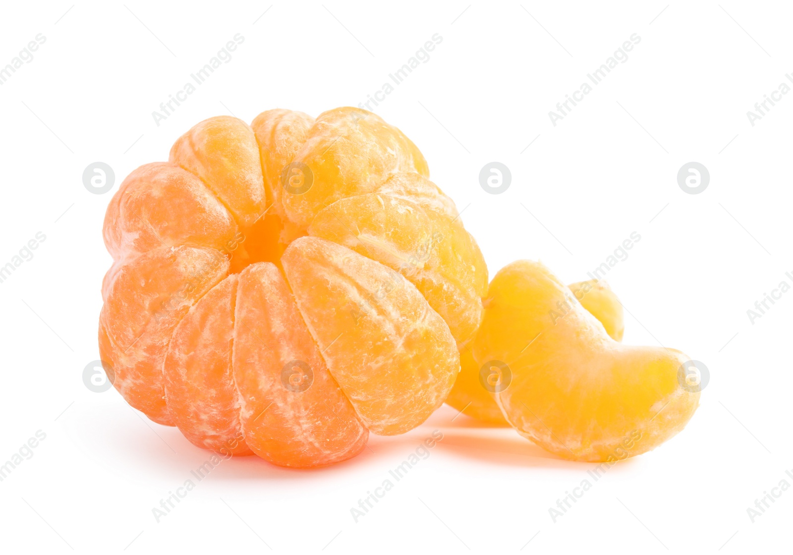 Photo of Peeled ripe tangerine on white background. Citrus fruit