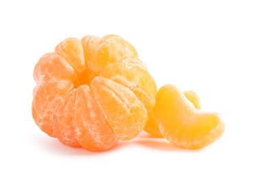 Photo of Peeled ripe tangerine on white background. Citrus fruit