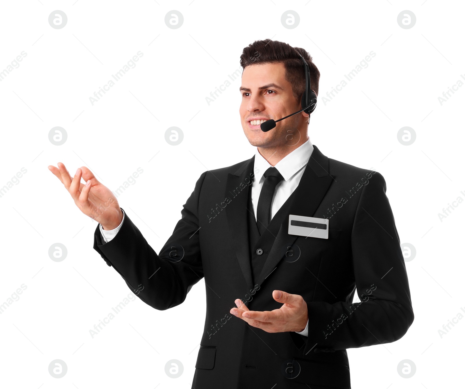 Photo of Portrait of receptionist with headset on white background