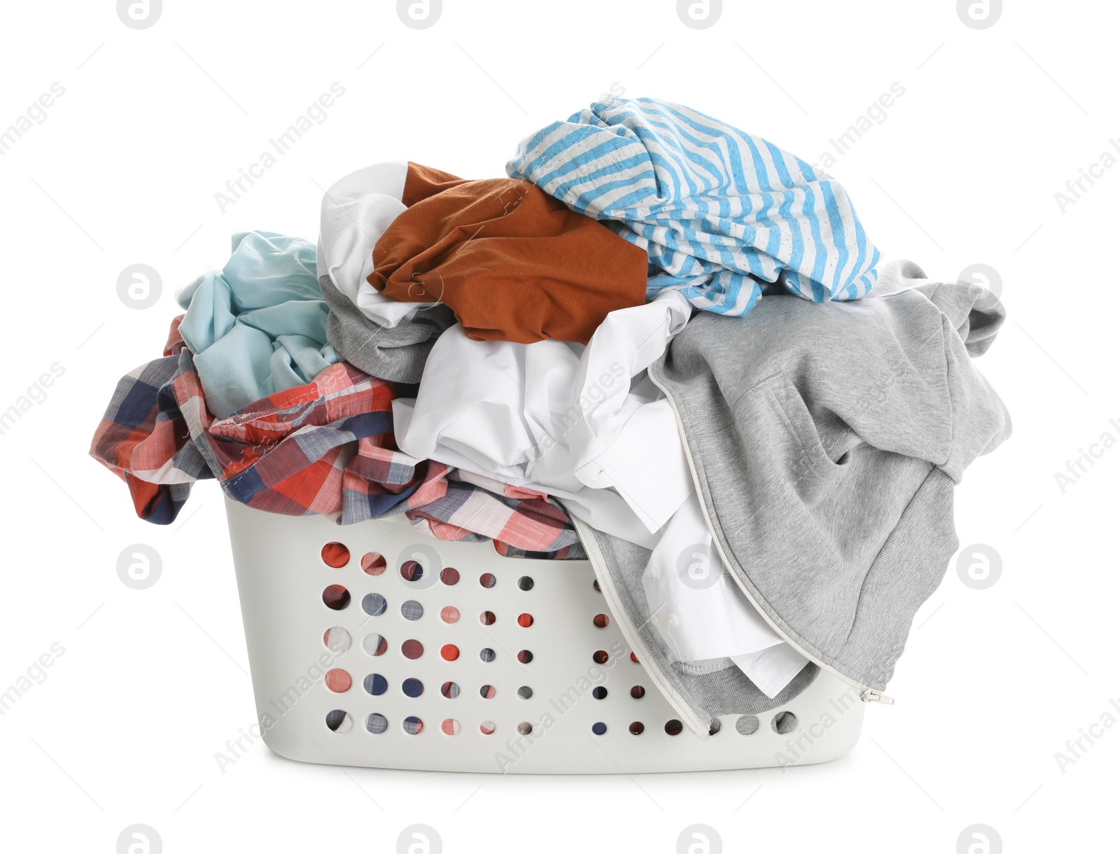 Photo of Basket full of dirty laundry isolated on white