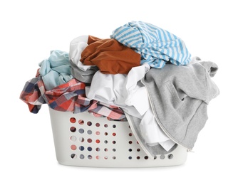 Basket full of dirty laundry isolated on white