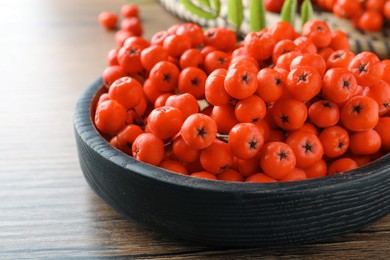 Plate with fresh ripe rowan berries on wooden table, closeup