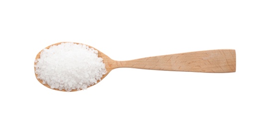 Photo of Wooden spoon with salt isolated on white, top view