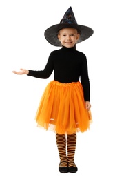 Cute little girl wearing Halloween costume on white background