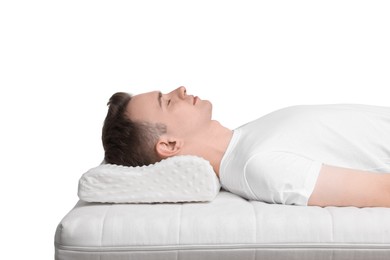 Photo of Man sleeping on orthopedic pillow against white background