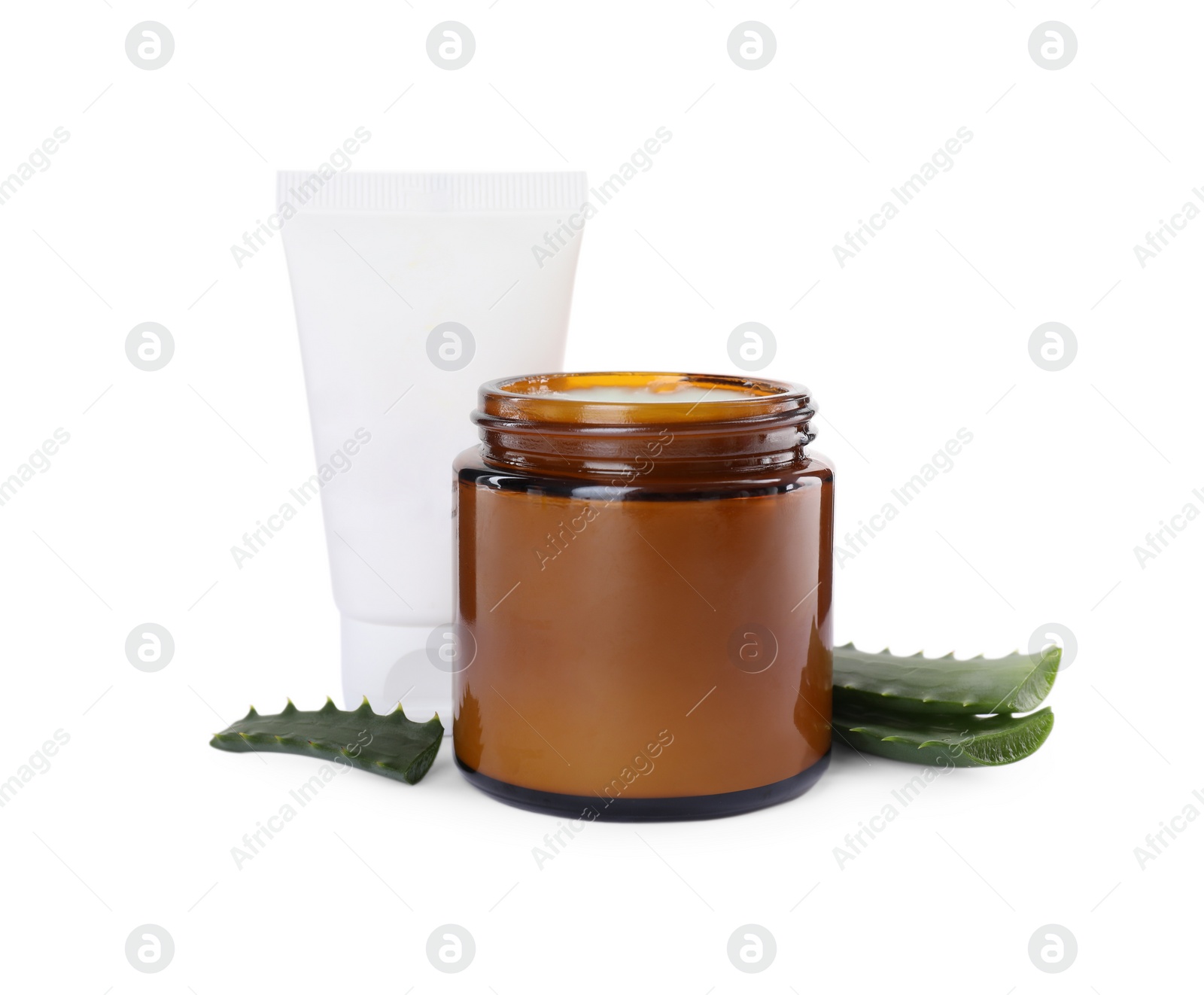 Photo of Different hand care cosmetic products and aloe on white background