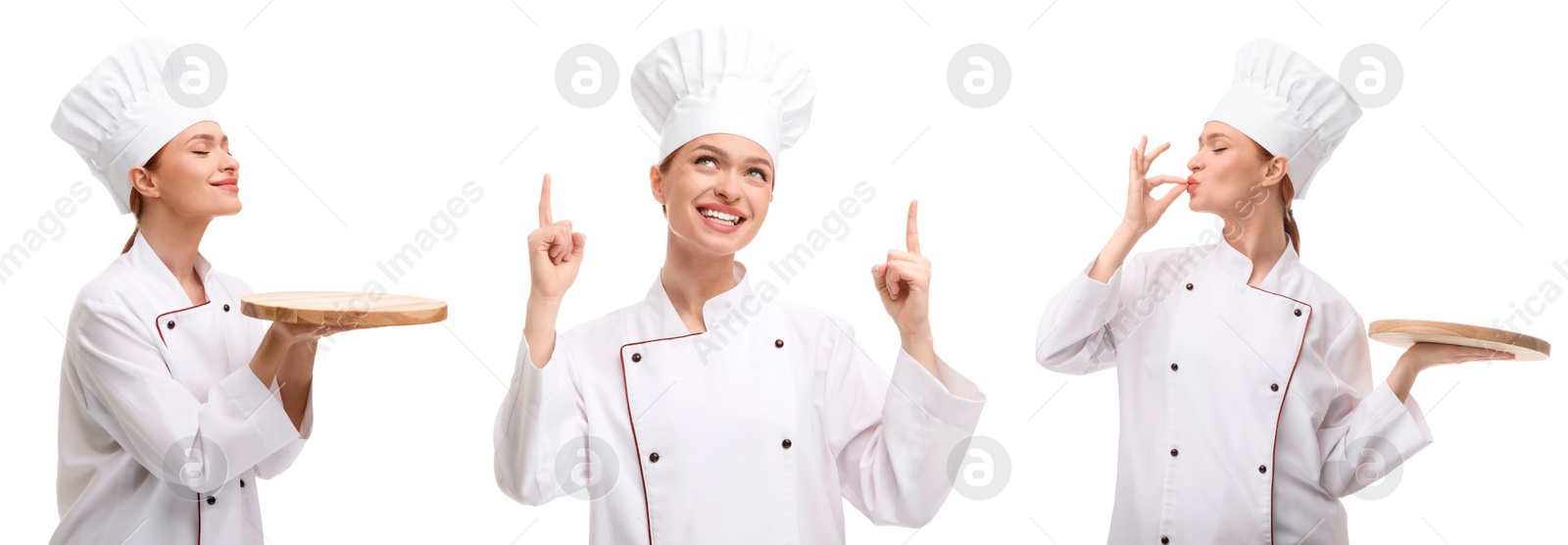 Image of Chef in uniform on white background, set with photos